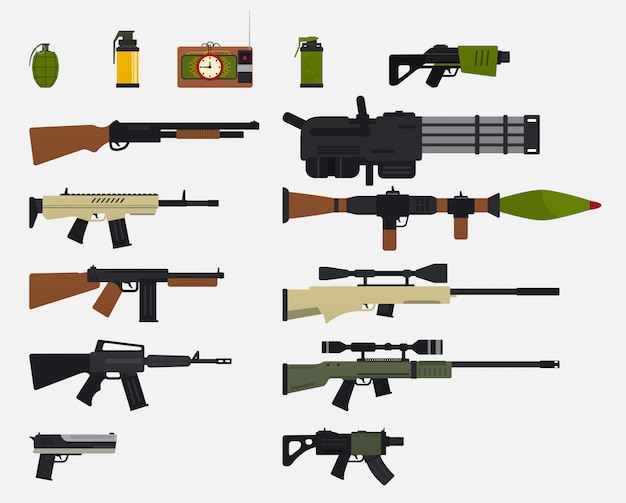 Vetor armas de batalha modernas. conjunto de armas militares, armas de fogo automáticas, rifles, espingarda, revólver, granadas, dispositivo explosivo.