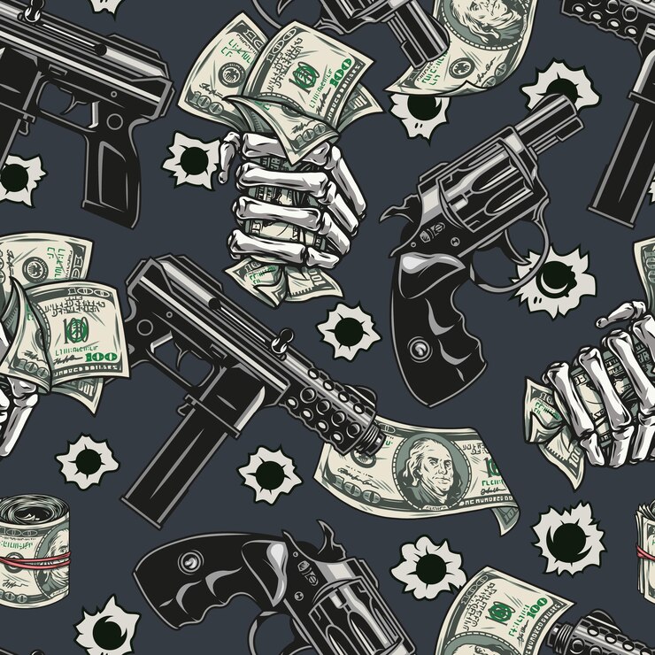 Vetor armas e dinheiro vintage sem costura padrão