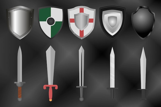 Vetor armas medievais. escudos e espadas de metal. vetor