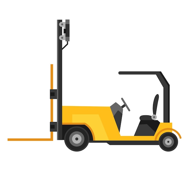Armazém de empilhadeira ou equipamento de armazenamento máquina amarela sem motorista isolada em fundo branco envio de entrega ou carga logística carregador elétrico serviço de armazenamento de suprimentos