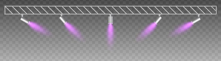 Vetor armazém metálico com spotlights ajustáveis emitindo feixes roxos suaves projetor de holofotes configuração de estilo industrial com iluminação focada exposições de luz de palco interior moderno