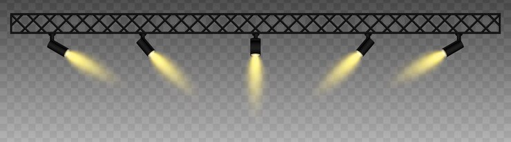 Vetor armazém metálico com spotlights ajustáveis emitindo feixes suaves de ouro projetor de holofotes configuração de estilo industrial com iluminação focada exposições de luz de palco interior moderno
