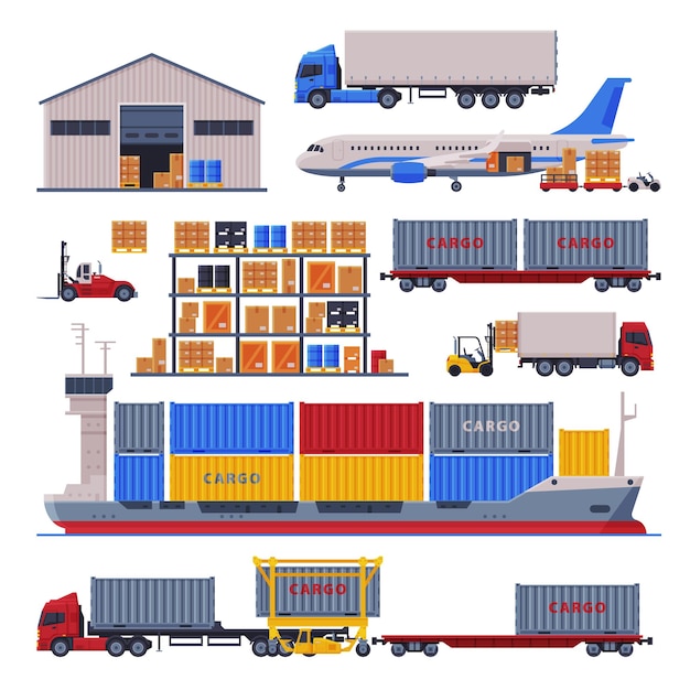 Armazém Set de Logística e Entrega Edifício de Armazém e Veículos de Transporte de Carga Ilustração vetorial de estilo plano em fundo branco