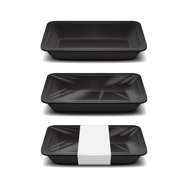 Armazenamento de comida de isopor vazio. Bandeja plástica de comida preta, conjunto de recipientes para refeições de espuma com etiqueta branca