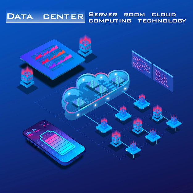 Armazenamento de dados em nuvem sala de servidores o processo de processamento e armazenamento de dados unidade central de processamento em uma visão isométrica banner de conceito