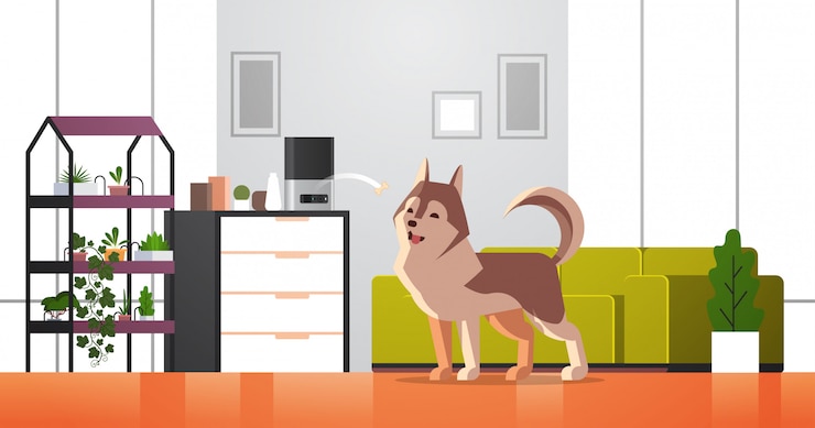 Vetor armazenamento digital automático de alimentos secos para animais de estimação jogando osso para cão ai conceito alimentador de dispensador de refeições alimentação inteligente para animais moderna sala de estar interior horizontal