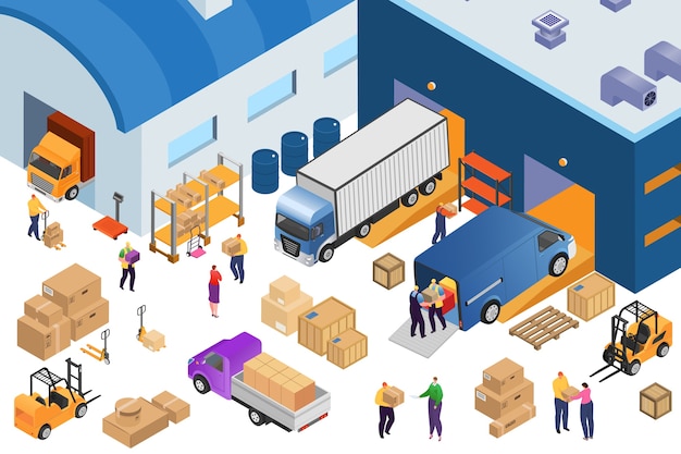 Armazenamento isométrico do armazém e equipamentos industriais, ilustração 3d. Empilhadeira que transporta paletes com caixas, estantes de armazém, caminhões de carga, armazéns. Entrega e transporte de mercadorias.