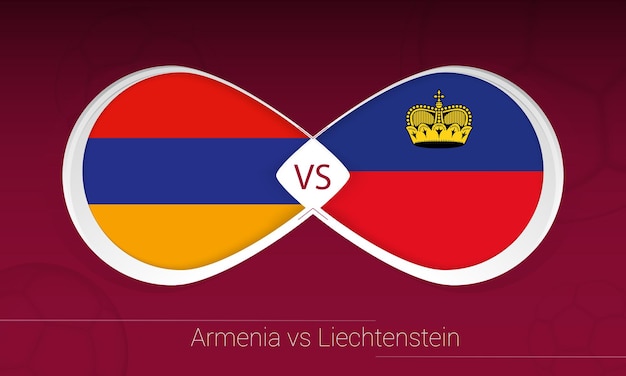 Armênia vs liechtenstein em competição de futebol, ícone do grupo j. versus no fundo do futebol.