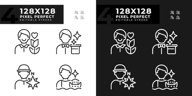 Arquétipos masculinos pixel ícones lineares perfeitos definidos para o modo de luz escura