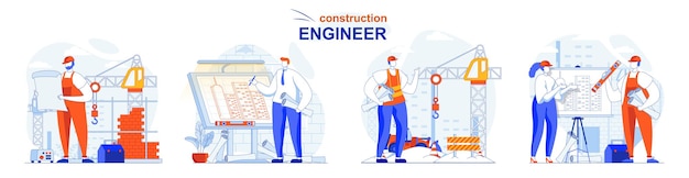 Arquiteto de conjunto de conceitos de engenheiro de construção com empreiteiro de plano de obras no local