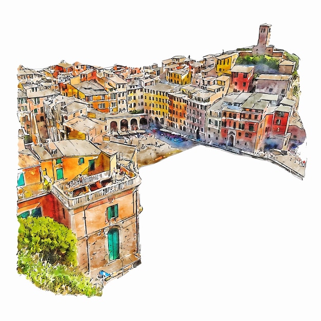 Arquitetura Vernazza Itália aquarela ilustração desenhada à mão isolada em fundo branco