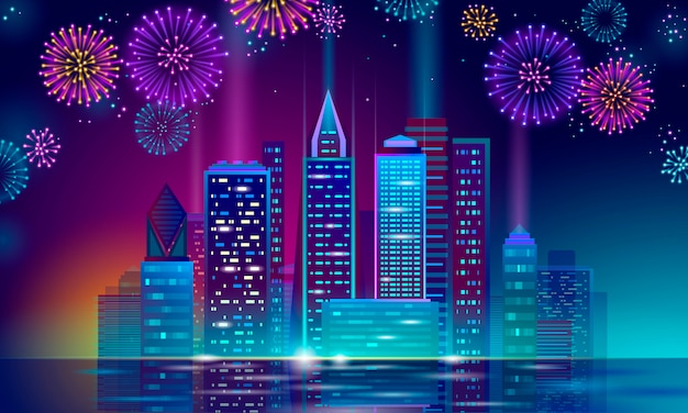 Arranha-céu brilhante de néon feriado paisagem urbana de Natal. Modelo de cartão do ano novo ponto poligonal linha escuro azul noite céu véspera. Silhueta de cidade festa luz brilhante