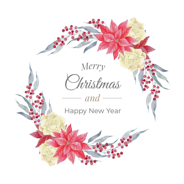 Arranjo de aquarela rosas de natal e coroa de poinsétia