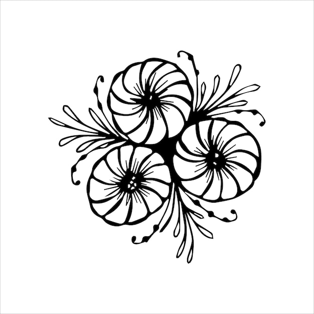 Vetor arranjo de buquê de flores desenhado à mão em doodle de cor preto e branco ou desenho de estilo de desenho para colorir