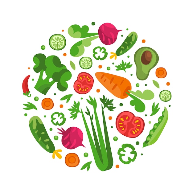 Arranjo de círculo vectorial de vegetais frescos com colheita madura de culturas agrícolas