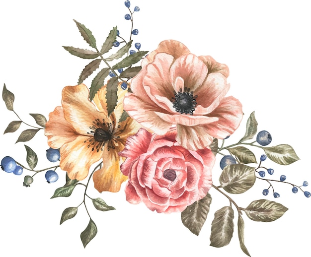 Arranjo de flores aquarela ilustração vintage.