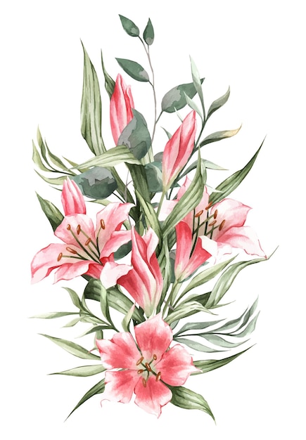 Arranjo de flores de primavera de lírios cor de rosa e folhas verdes Ilustração em aquarela de flores