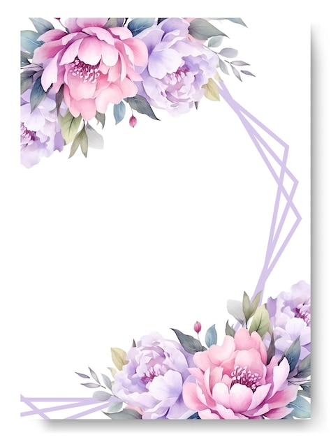 Arranjo de flores e folhas de peônia rosa na moldura do canto pintura à mão no cartão de convite de casamento cartão de casamento rústico