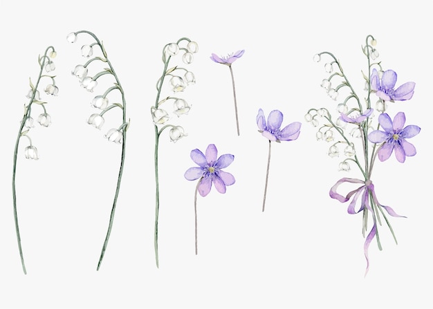 Vetor arranjo de flores em aquarela com buquês brancos de lírios do vale e copice roxo