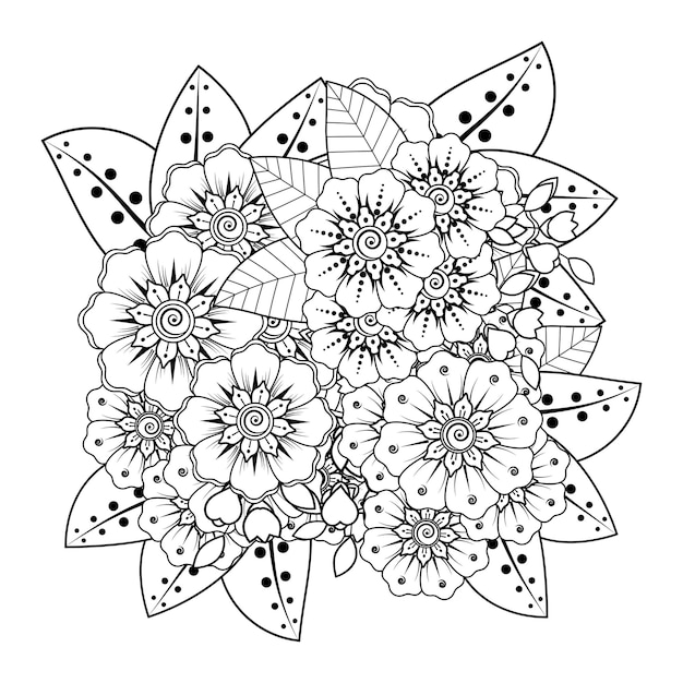 Arranjo de flores mehndi. ornamento decorativo. mão de contorno desenhar a página do livro para colorir.