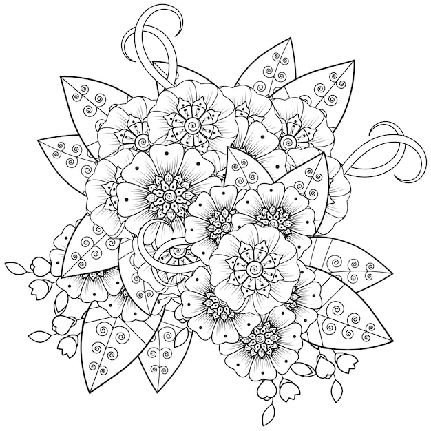 Arranjo de flores mehndi. ornamento decorativo. mão de contorno desenhar a página do livro para colorir.