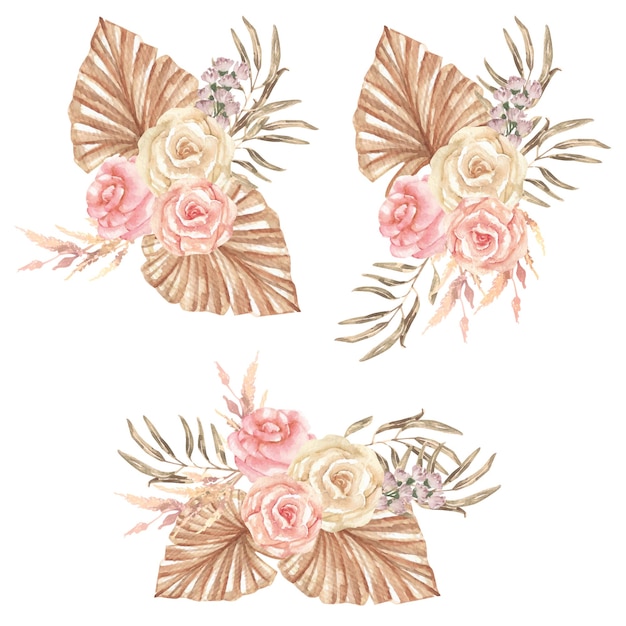 Arranjo de rosas de buquê e conjunto de aquarela de folhas secas