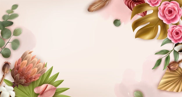 Arranjo floral elegante com rosas cor-de-rosa e folhas tropicais