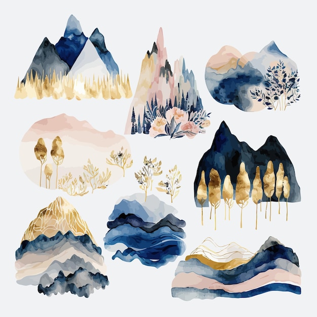 Vetor arranjos abstratos paisagens montanhas modelo de elementos decorativos ilustração plana dos desenhos animados isolada no fundo branco