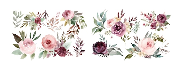 Arranjos florais elegantes em aquarela com rosas folhas e flores para convites cartões de saudação e casa