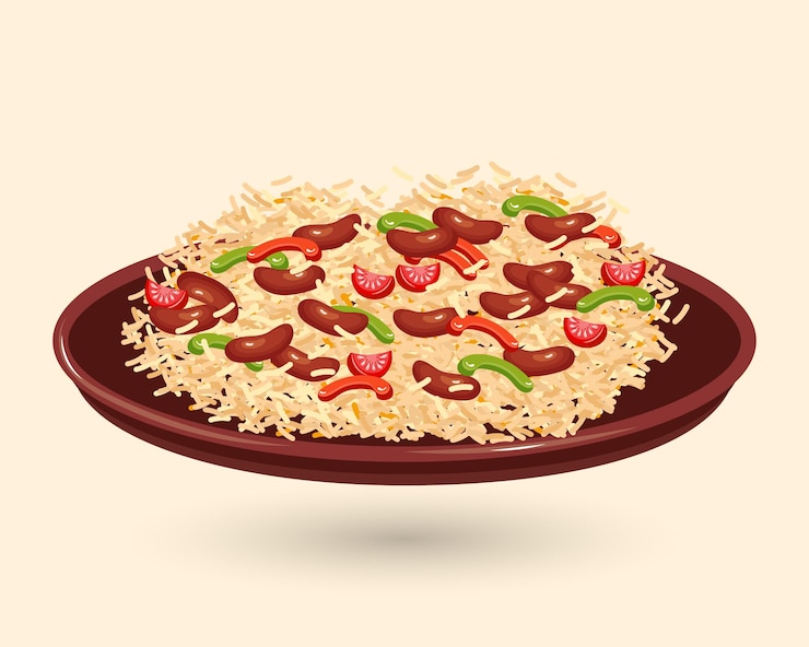 Vetor arroz com feijão preto em prato fundo, cozinha latino-americana. ilustração de comida, vetor