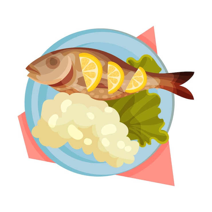 Vetor arroz e peixe servidos em prato plano com folhas de alface ilustração vetorial vista superior do conceito de refeição apetitosa