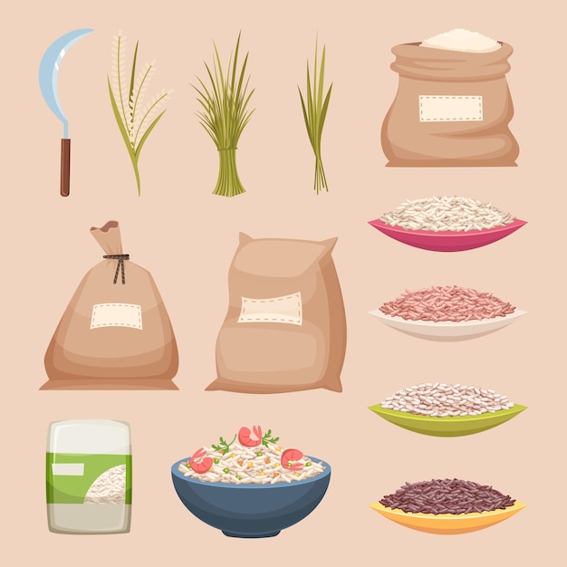 Arroz em grão. Armazenamento de sacos de produtos de arroz granulado ilustrações vetoriais de alimentos agrícolas em estilo cartoon. Produto de arroz, grão de armazenamento de alimentos em saco de estopa