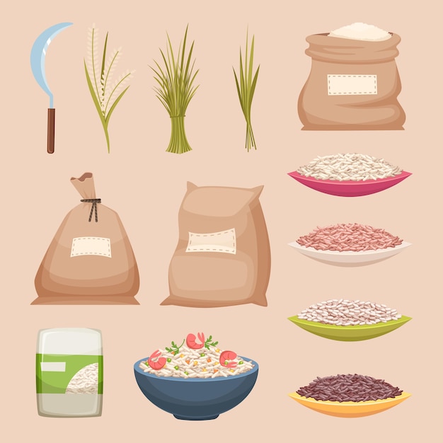 Arroz em grão. armazenamento de sacos de produtos de arroz granulado ilustrações vetoriais de alimentos agrícolas em estilo cartoon. produto de arroz, grão de armazenamento de alimentos em saco de estopa