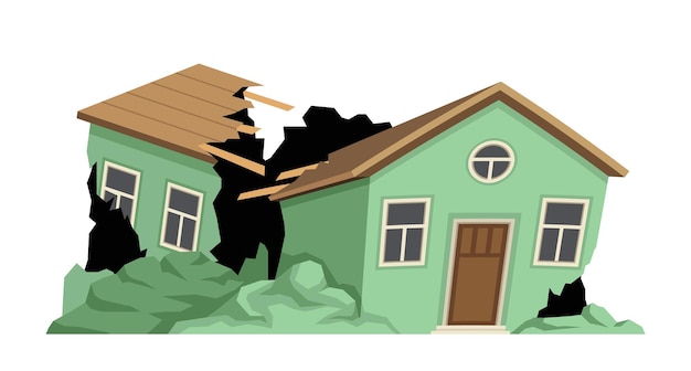 Vetor arruinado edifício rachado casa verde após desastre e catástrofe ruínas de casa com rachaduras demolição e colapso cartoon ilustração vetor plano isolado em fundo branco