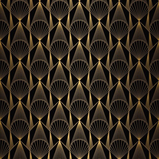 Vetor art deco padrão sem costura fundo preto e dourado conchas metálicas ou escalas ornamento de renda minimalista design geométrico linhas vetor 192030s motivos luxo ilustração vintage