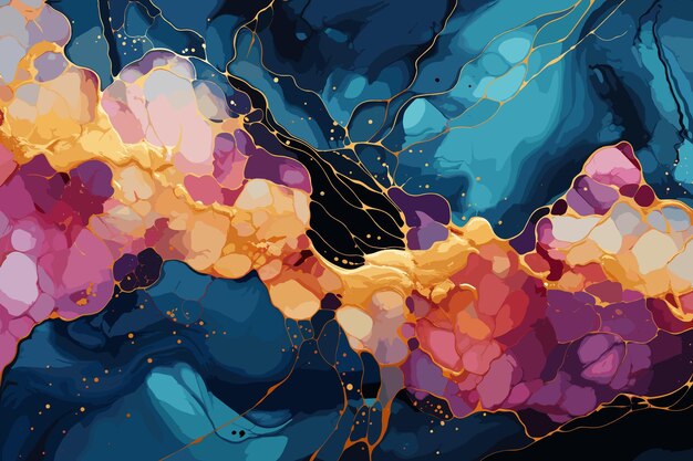 Arte abstrata de pintura a óleo Flores folhas Polvilhar tinta em papel Textura dourada brilhante Impressões