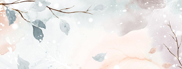 Arte abstrata em aquarela de inverno em fundo de tom de terra. Folhas sazonais e galhos de pinheiro na neve caindo com aquarela pintada à mão. Adequado para design de cabeçalho, banner, capa, web ou cartões.