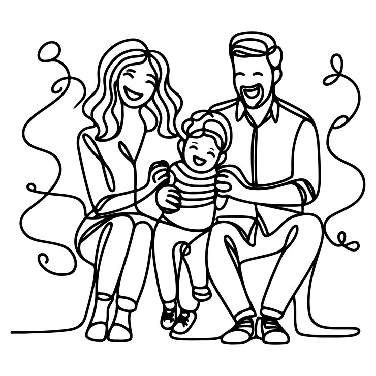 Vetor arte contínua de uma linha preta desenhando família feliz pai e mãe com criança rabiscos estilo ilustração vetorial em branco
