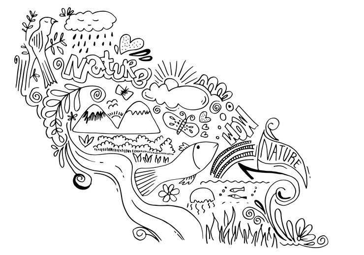 Vetor arte criativa rabiscos desenhados à mão ilustração de design com texto natureza e uau