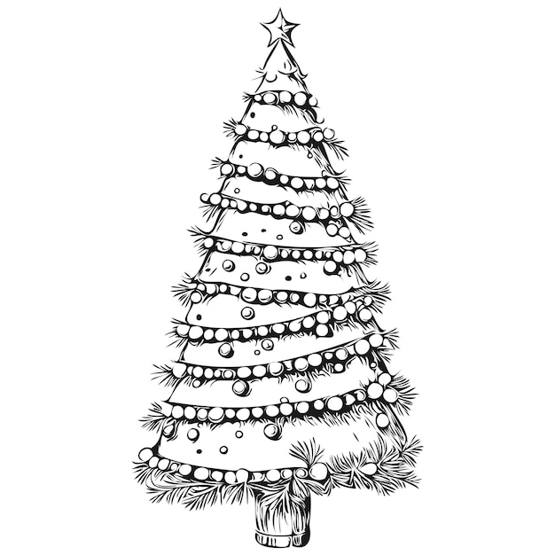 Arte da linha da árvore de natal esboço desenhado à mão em estilo vintage expressão artística conceito de imagens para f