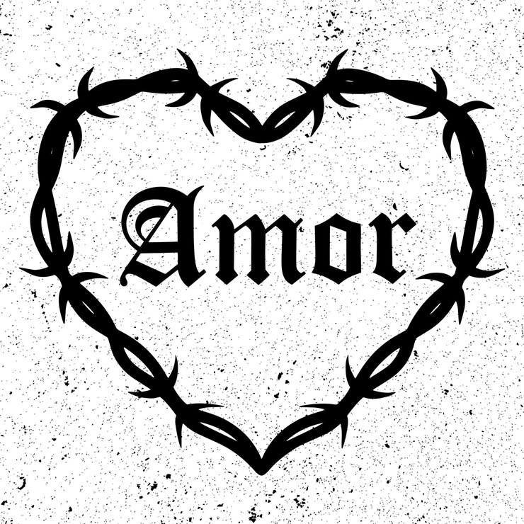 Vetor arte da tatuagem no estilo dos anos 2000, coração com arame farpado com a inscrição amor