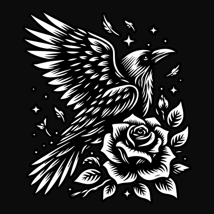 Vetor arte dark crow flying use wing com flor de rosa ilustração em preto e branco