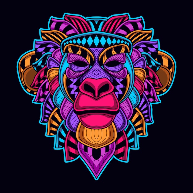 Arte de cabeça de macaco em brilho de cor néon no escuro