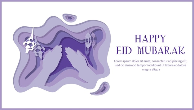 Arte de camada de papel roxo com o texto happy eid mubarak para cartão idul fitri