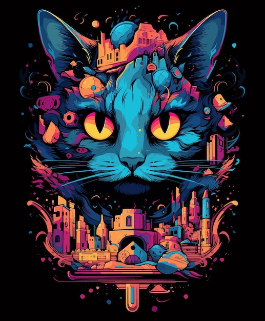 Arte de camiseta vetorial de gato pronta para imprimir ilustração de retrato de gato altamente detalhada