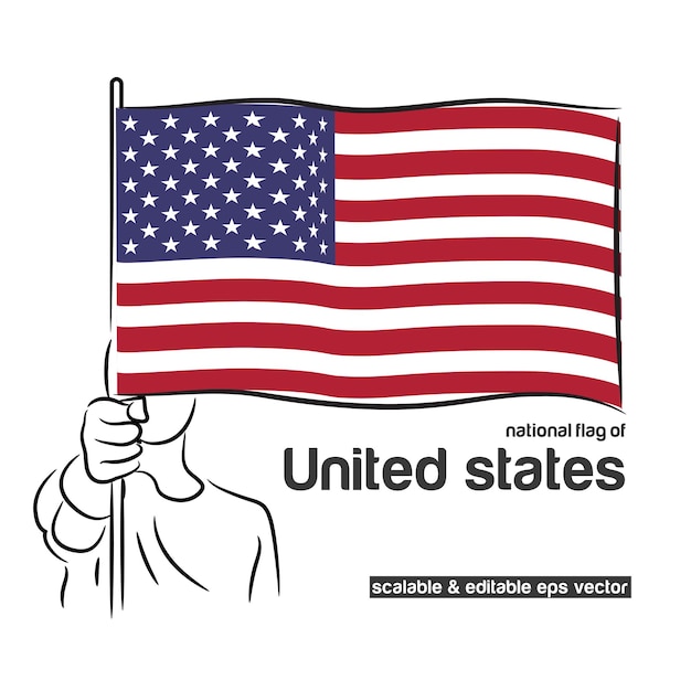 Arte de contorno de linha de traço da mão de uma pessoa segurando o punho da bandeira nacional dos Estados Unidos
