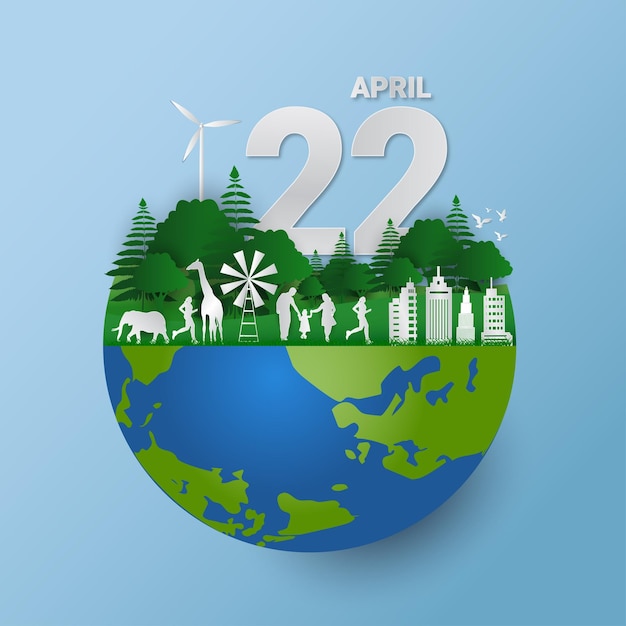 Arte de corte de papel do conceito do dia 22 de abril natural e da terra Ecologia e meio ambiente Ilustração vetorial
