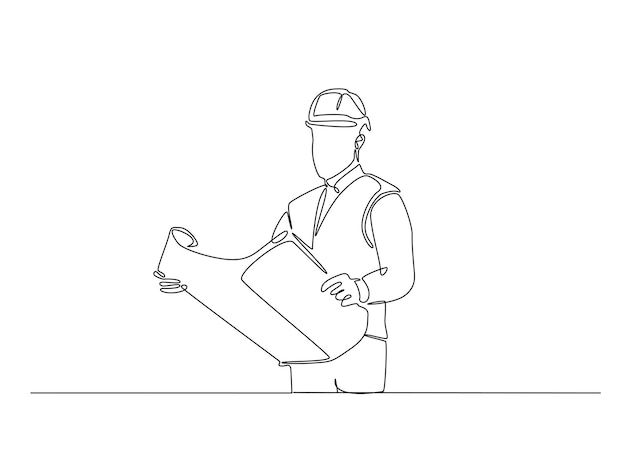 Arte de desenho de linha contínua de engenheiro masculino segurando papel de plano