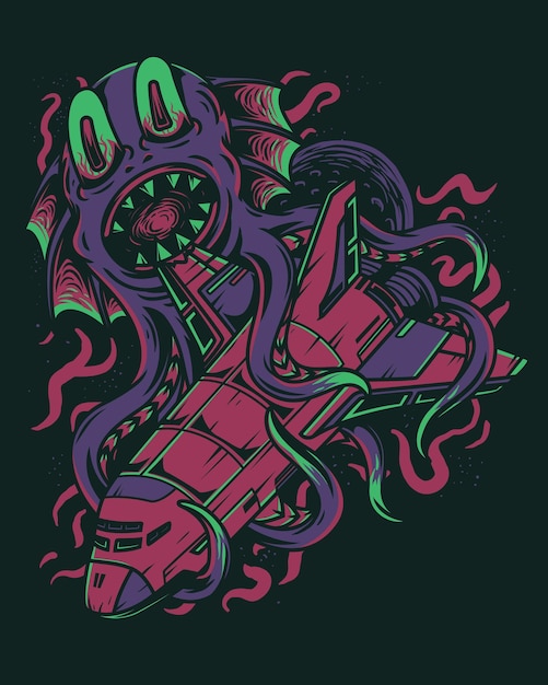 arte de ilustração vetorial de um polvo gigante atacando um foguete