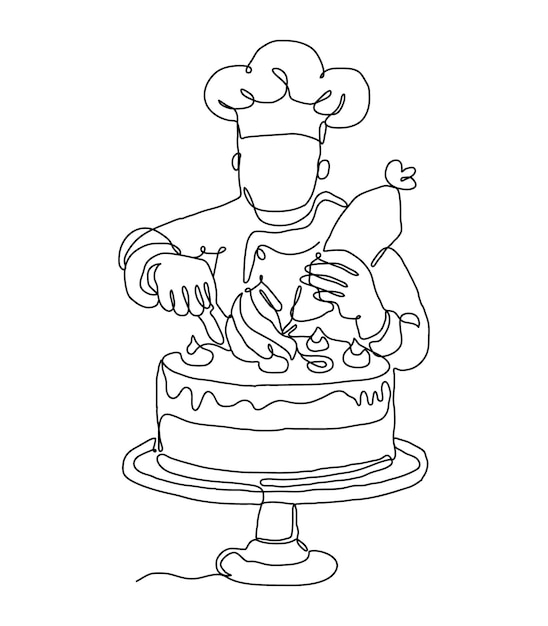 Arte de linha contínua de um homem fazendo uma deliciosa ilustração vetorial de bolo